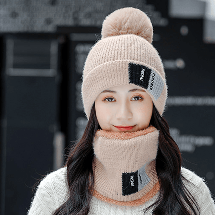 Unisex 2PCS plus Velvet Thicken Warm Windproof Neck Face Protection Riding Knitted Hat Scarf - MRSLM