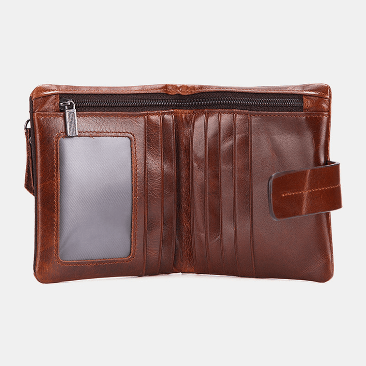 Men Genuine Leather Retro Zipper Cowhide Multi-Slot Card Holder Wallet - MRSLM