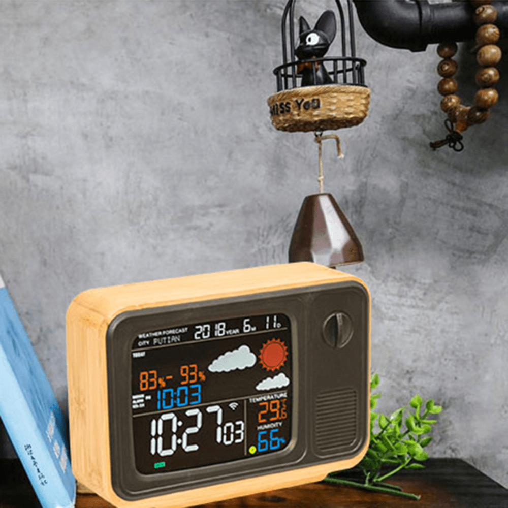 Digital USB Wifi Weather Forecast Station Desk Bamboo Alarm Clock Temperature Humidity APP Control - MRSLM