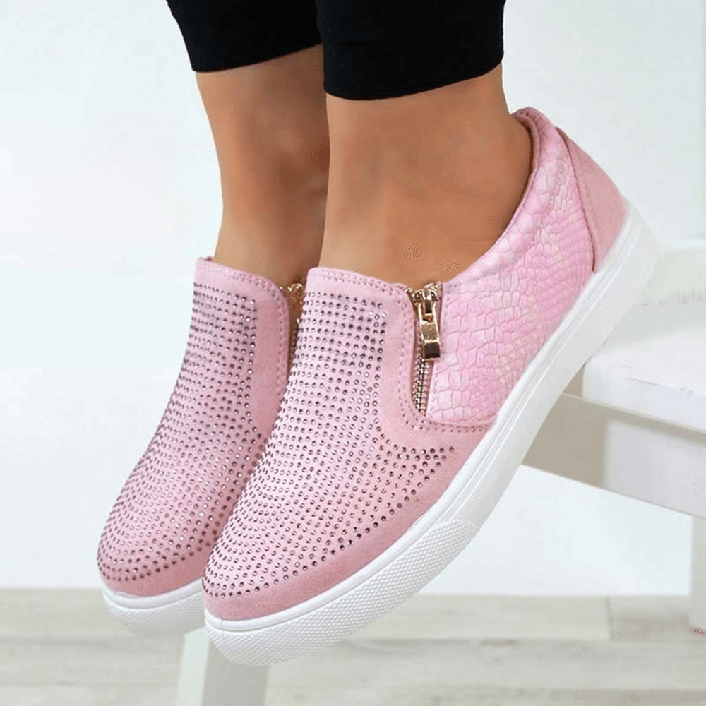 Women Doble Size Zipper Rhinestone Decor Comfy Non Slip Casual Flats - MRSLM