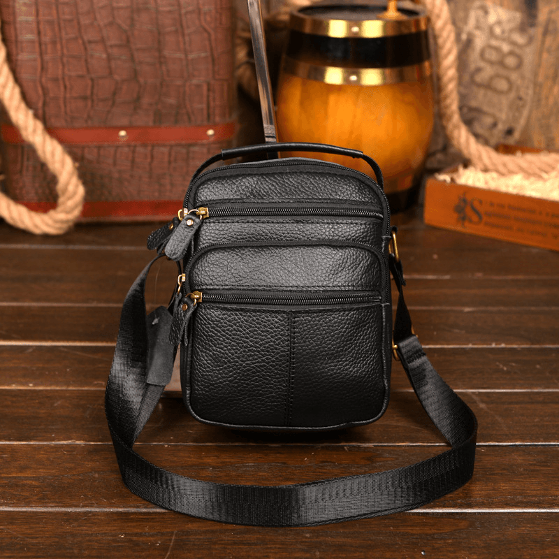 Men Genuine Leather Multi-Pocket Vintage 6.3 Inch Phone Bag Crossbody Bags Shoulder Bag Handbag - MRSLM