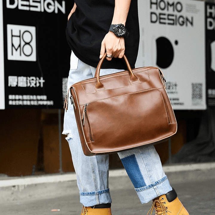 Men Horizontal Multi-Pocket Multi-Compartment Briefcase Vintage PU Leather 14 Inch Laptop Bag Crossbody Bag Shoulder Bag Handbag - MRSLM