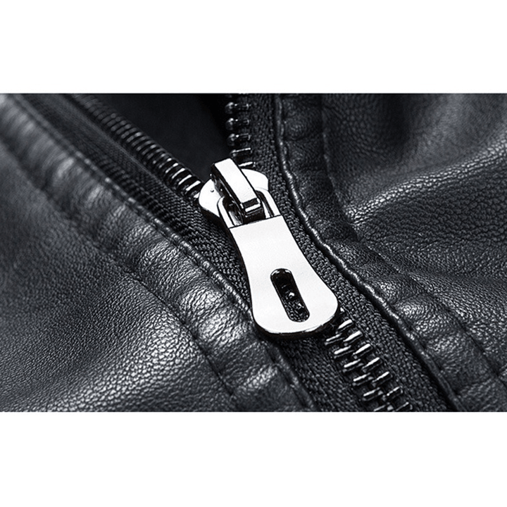 Men Zipper Dual Pockets Stand Collar Leather Jacket - MRSLM