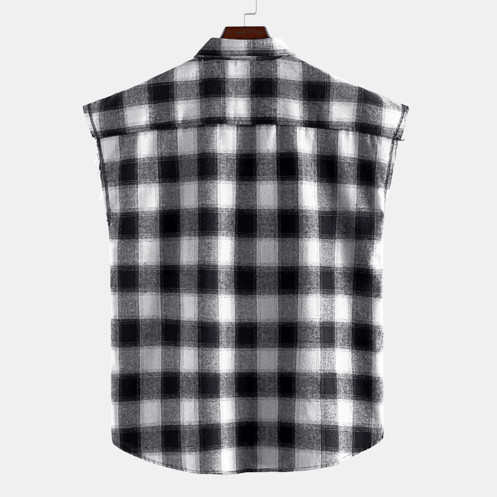 Men Plaid Sleeveless Lapel Loose Shirts - MRSLM