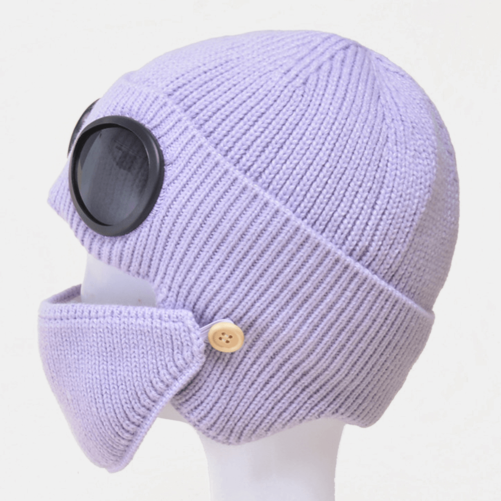 Unisex plus Velvet Thick Warm Neck Face Ear Protection Headgear Knitted Hat Mask Pilot Glasses - MRSLM