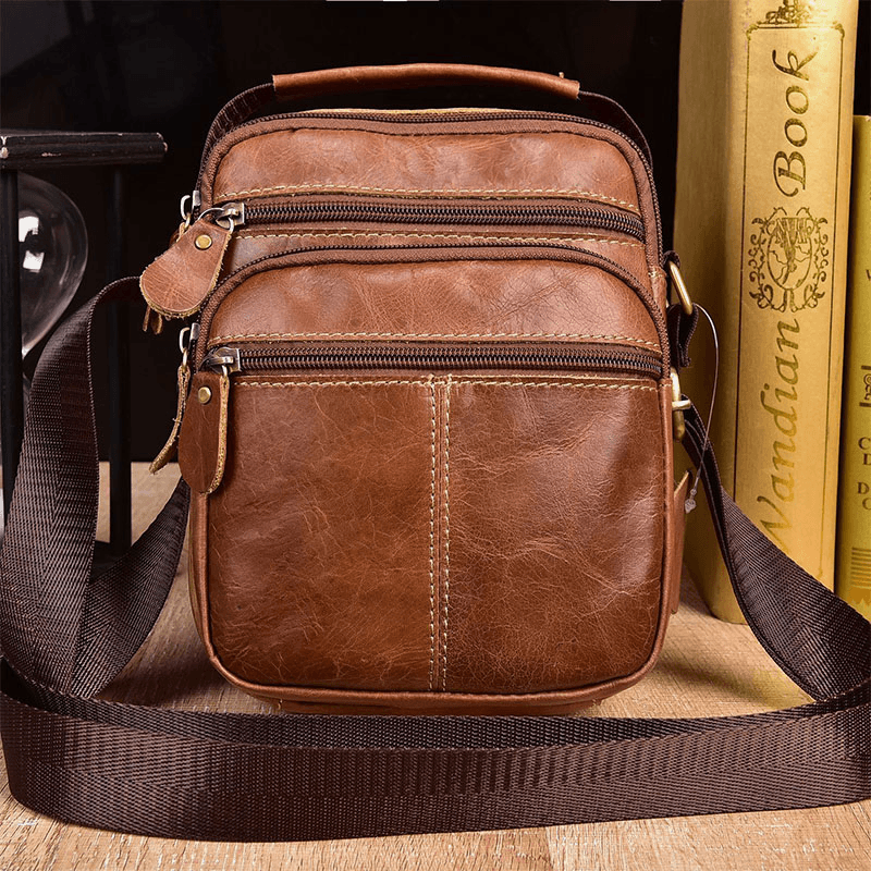 Men Genuine Leather Multi-Pocket Vintage 6.3 Inch Phone Bag Crossbody Bags Shoulder Bag Handbag - MRSLM