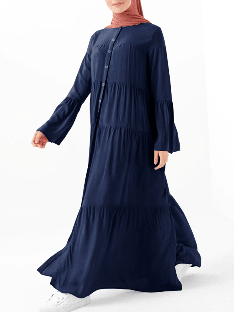 Women Tiered Button up O-Neck Pleated Casual Flare Sleeve Maxi Swing Dresses - MRSLM