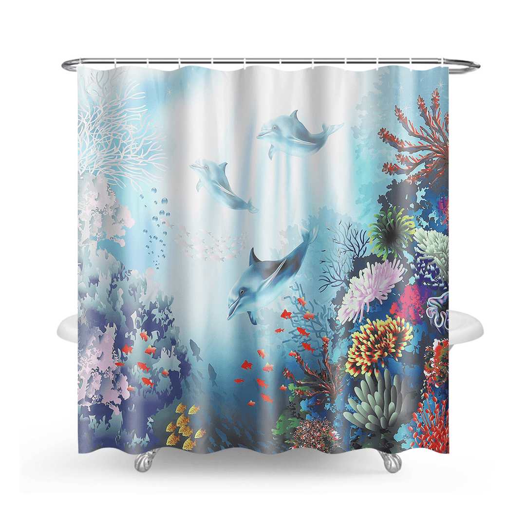 Printed Ocean World Whale Waterproof Bathroom Shower Curtain Toilet Mat Set - MRSLM