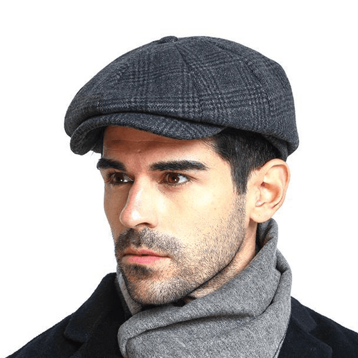 Men Vintage Wool Gird Painter Beret Hat Winter Warm Gentleman Octagonal Newsboy Cap - MRSLM