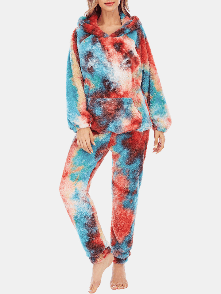 Women Tie Dye Fleece Kangaroo Pocket Hoodie Pants Home Sleepweat Casual Pajama Set - MRSLM