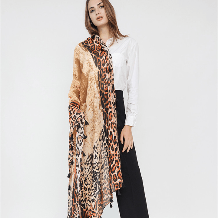 Women Gradient Leopard Print Fashion Tassel Fringe Scarf - MRSLM