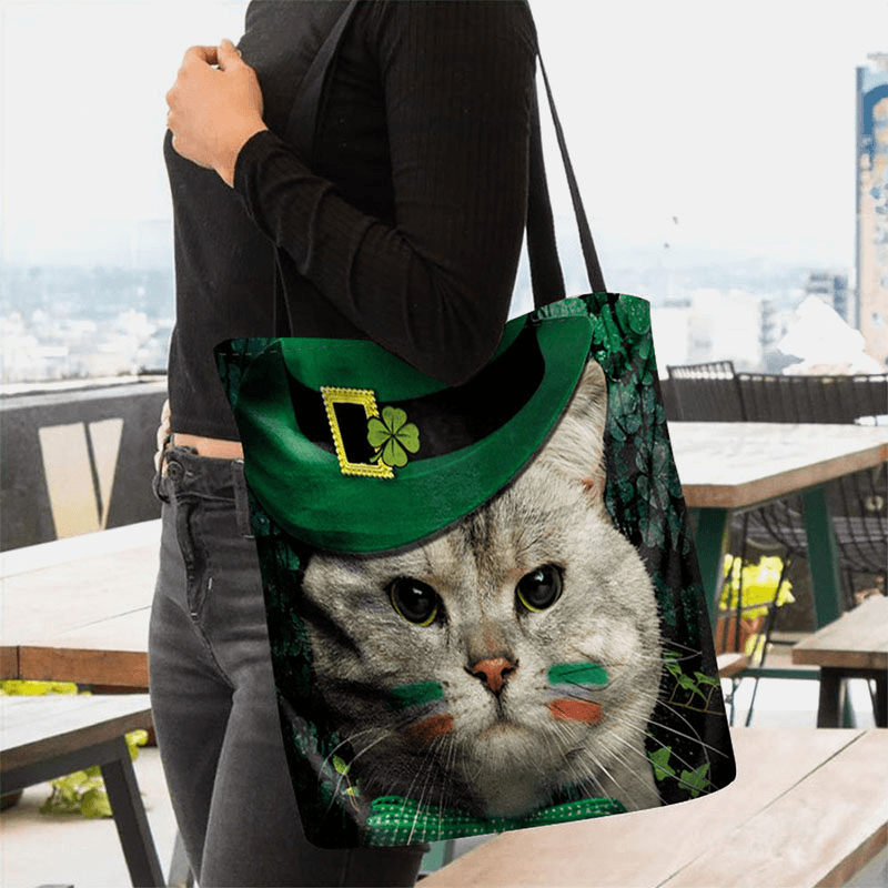 Women Clover Cat Pattern Print Happy St Patrick Day Shoulder Bag Handbag Tote - MRSLM