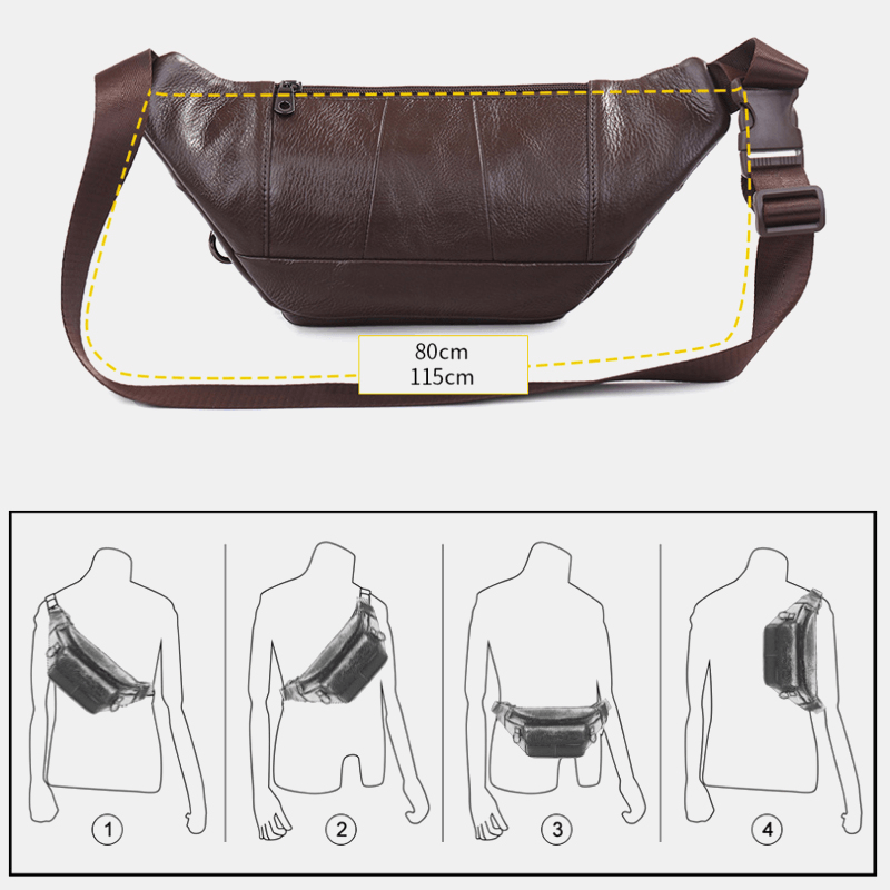 Men Genuine Leather Solid Color Multi-Carry Crossbody Bag Chest Bag Belt Bag Waist Bag - MRSLM