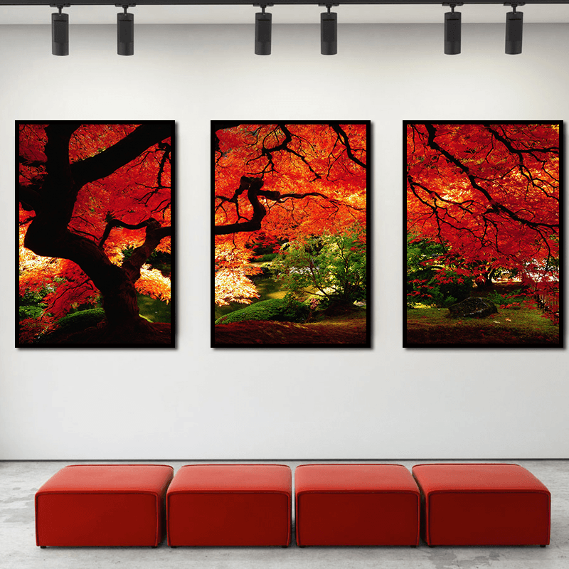 Miico Hand Painted Three Combination Decorative Paintings Maple Tree Wall Art for Home Decoration - MRSLM