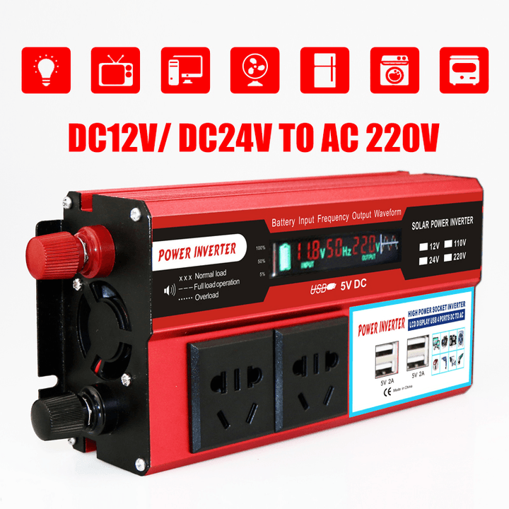 4000W DC 12V/24V to AC 220V Power Inverter Digital Modified Sine Wave 4 USB Port 2 Sockets - MRSLM