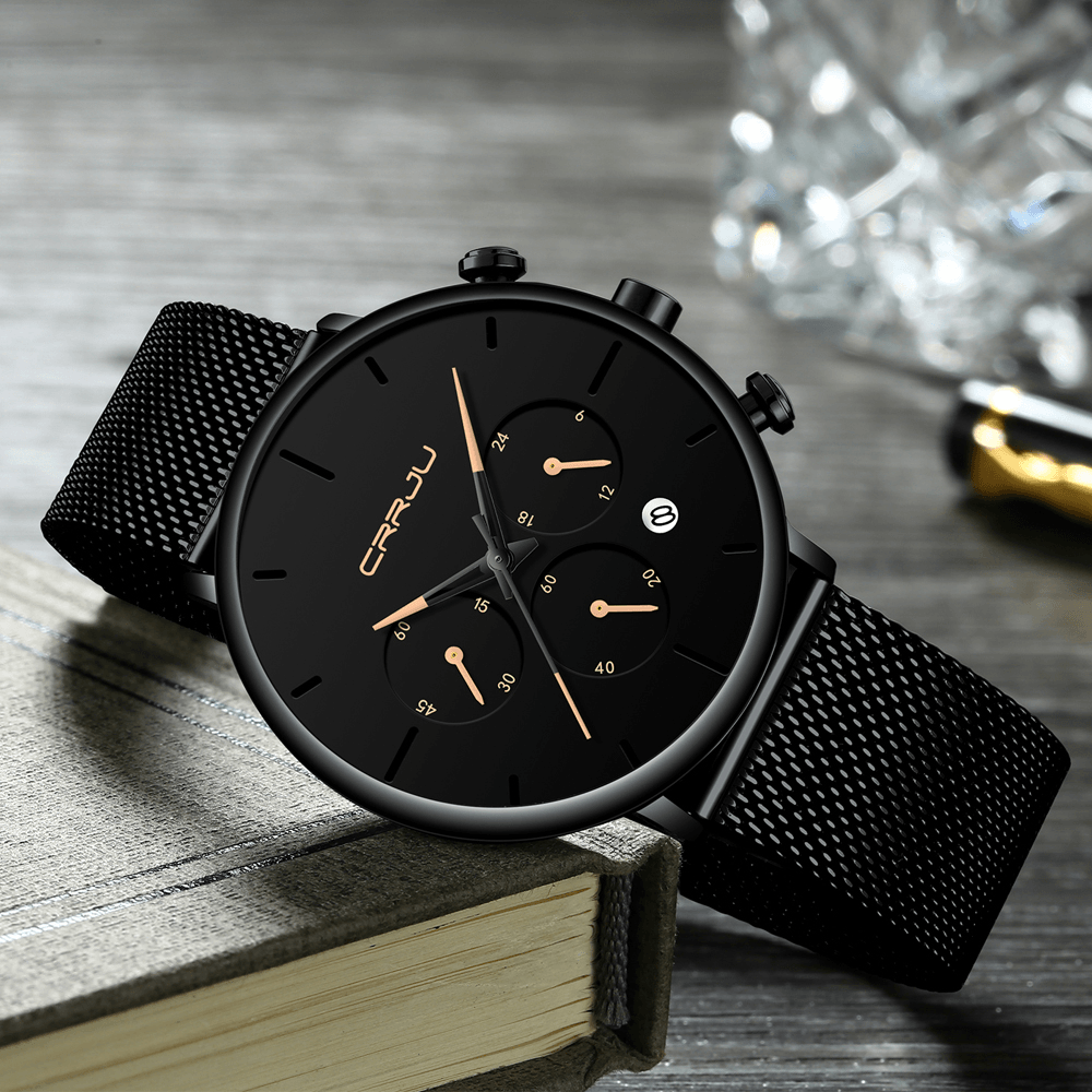 CRRJU 2271 Men Simple Atmospheric Dial Color Design Needle Full Mesh Steel Band Quartz Watch - MRSLM