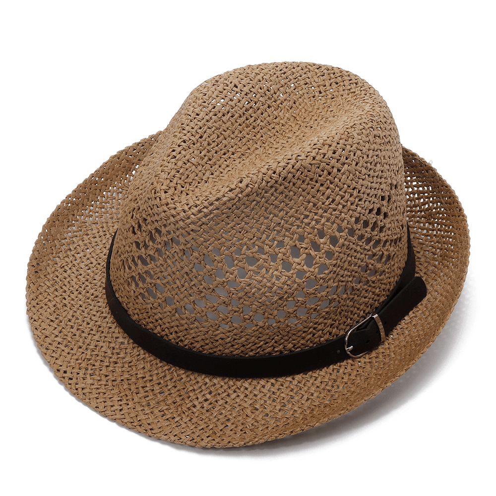 Men Women Personalized Handmade Straw Jazz Hat Outdoor Travel Beach Breathable Mesh Hollow Sun Cap - MRSLM