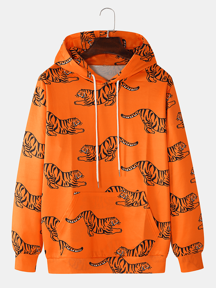 Mens Cartoon Tiger Print Long Sleeve Pocket Orange Drawstring Hoodies - MRSLM