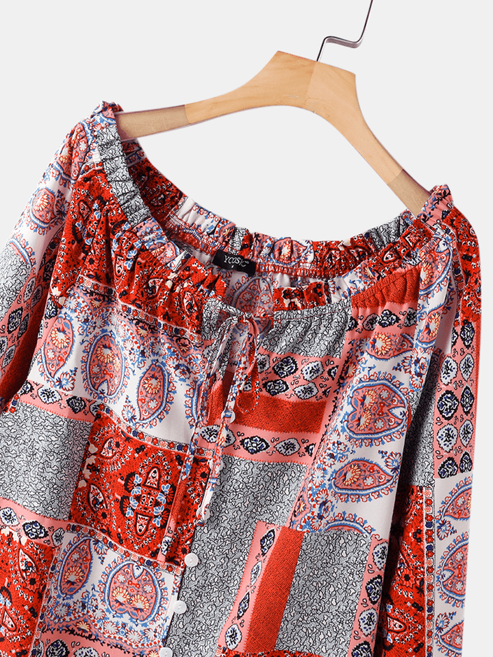 Women Ethnic Pattern Print off Shoulder Drawstring Button Long Sleeve Blouse - MRSLM