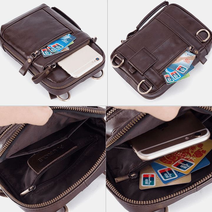 Men Genuine Leather Multi-Layer Crossbody Bag Waist Belt Bag Shoulder Bag Phone Bag - MRSLM