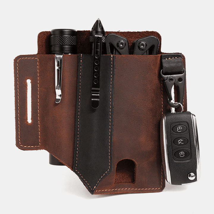 Men EDC Vintage Multifunction Wear-Resistant Genuine Leather Waist Bag Keychain Tactical Bag - MRSLM