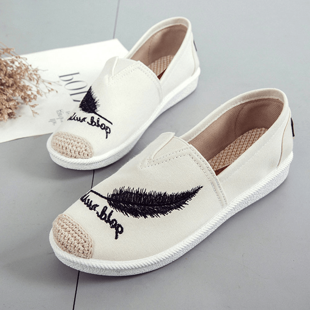 Women Pattern Embroidery Comfy Slip on Casual Canvas Flat Shoes - MRSLM