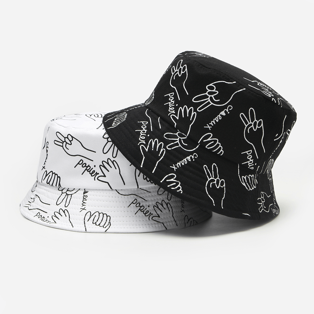 Unisex Cotton Letters Line Drawing Gestures Graffiti Fashion Sunshade Bucket Hat - MRSLM