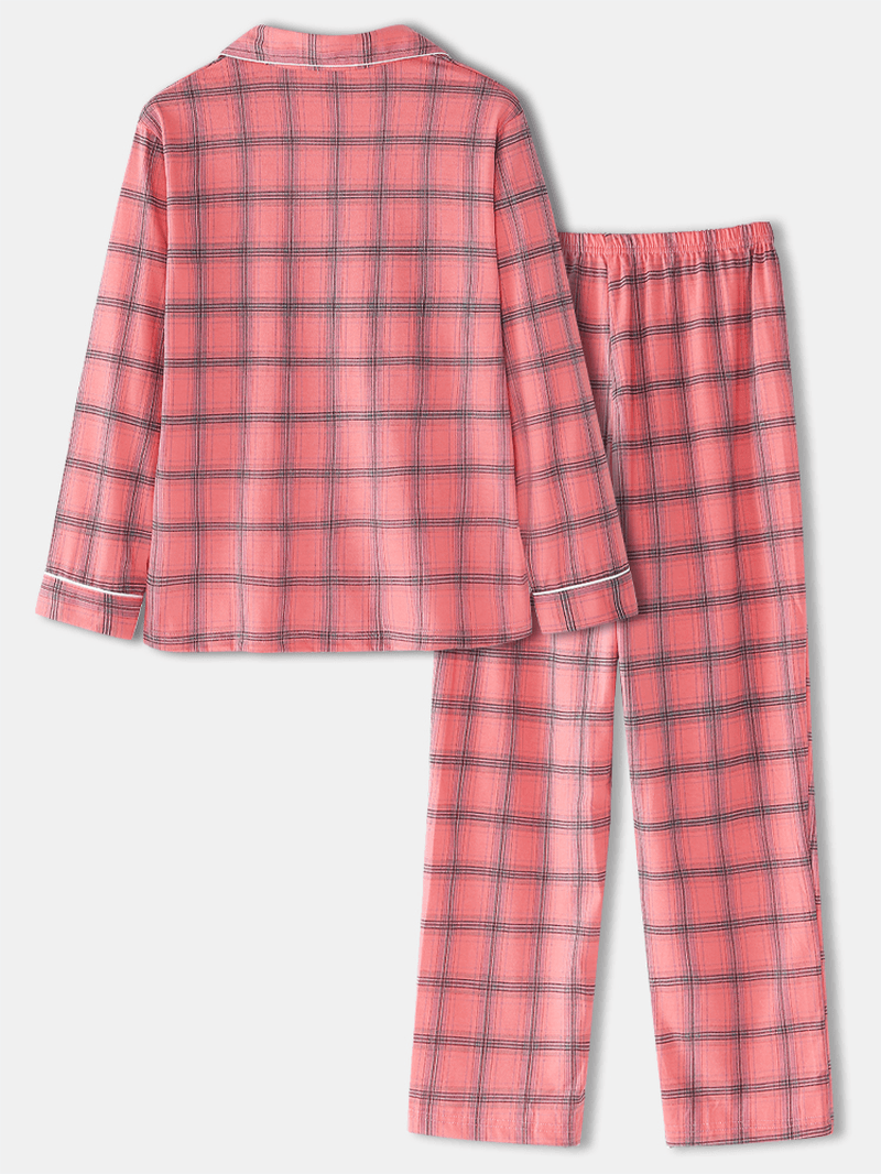 Women Plaid Print Revere Collar Chest Pocket Shirt Elastic Waist Pants Two Piece Pajama Set - MRSLM