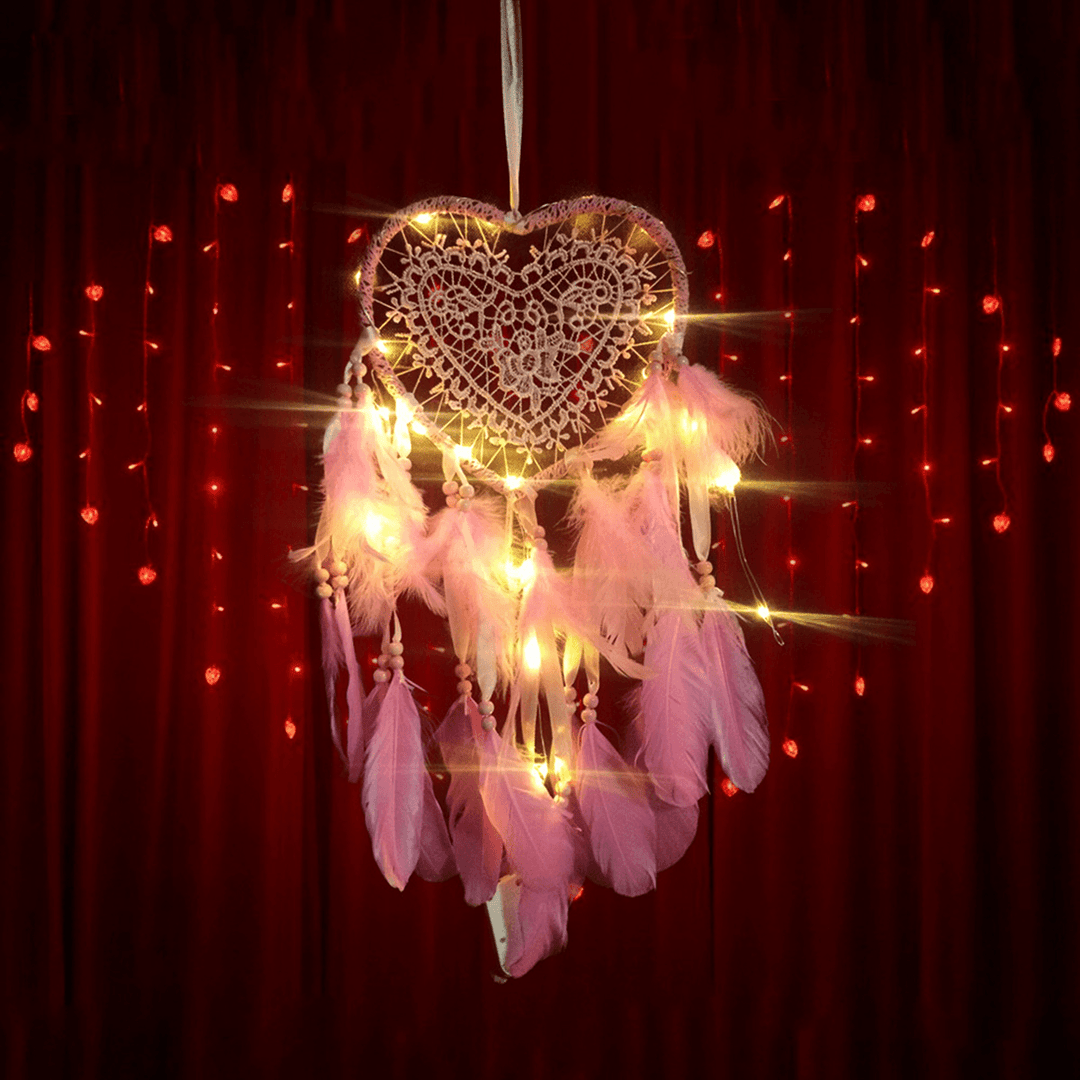 LED Light Dreamcatcher Feather Bedroom Heart Shape Bedroom Home Decoration Livingroom Dreamcatcher Gift Decorations - MRSLM