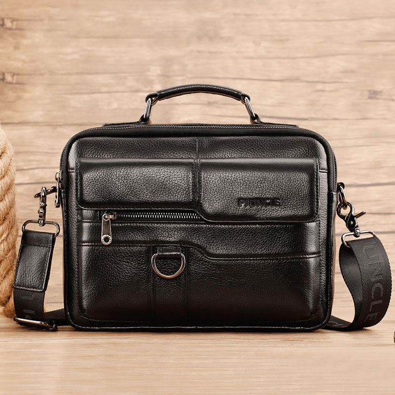 Men Genuine Leather Multi-Pocket Crossbody Bags Large Capacity Retro 6.5 Inch Phone Bag Briefcase Shoulder Bag Handbag - MRSLM