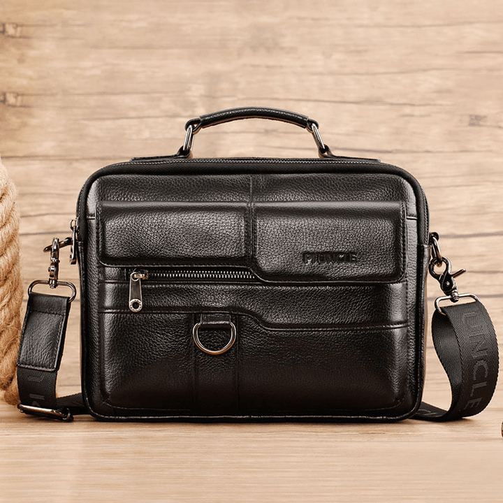 Men Genuine Leather Multi-Pocket Crossbody Bags Large Capacity Retro 6.5 Inch Phone Bag Briefcase Shoulder Bag Handbag - MRSLM