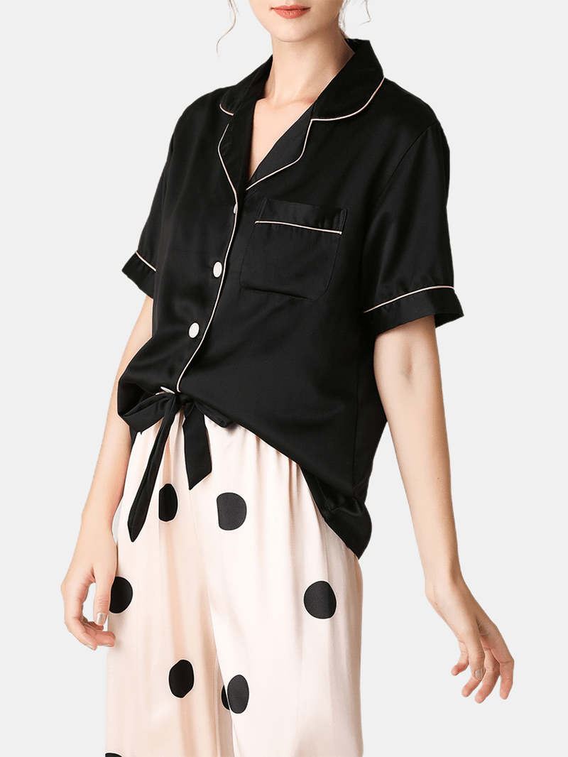 Women Black Revere Collar Short Sleeve Top Polka Dot Pants Faux Silk Home Pajama Set - MRSLM