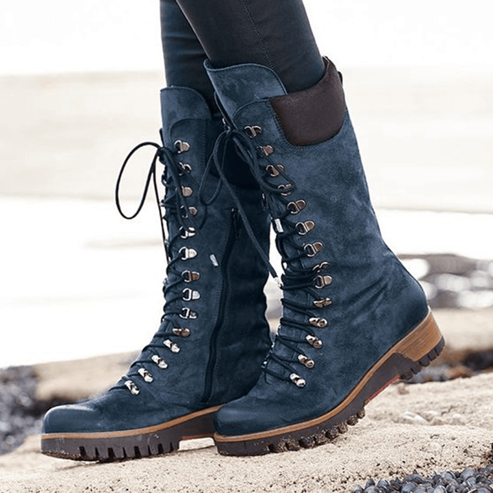 Plus Size Women Wearable Suede Side Zipper Mid Calf Combat Boots - MRSLM