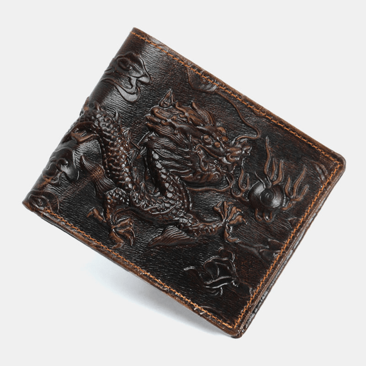 Men Genuine Leather 3D Dragon Pattern Retro Fashion Leather Card Holder Wallet - MRSLM