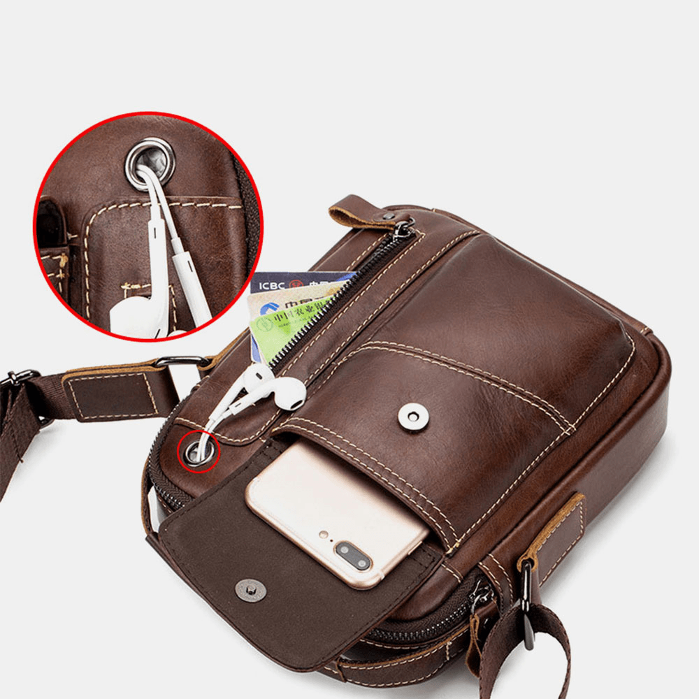 Men Genuine Leather Wear-Resistant Headphone Hole Multi-Pocket Vintage Crossbody Bag Shoulder Bag - MRSLM