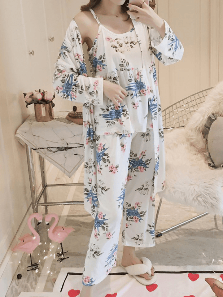 Womens Florral Print Tank Top with Robe Three Piece Home Casual Pajama Set - MRSLM