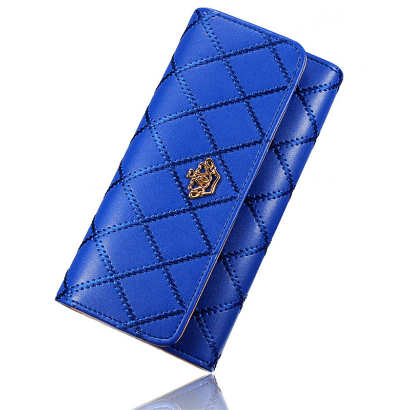 Women Quilted Crown Long Wallet Girls Candy Color Purse Card Holder Coin Bags - MRSLM