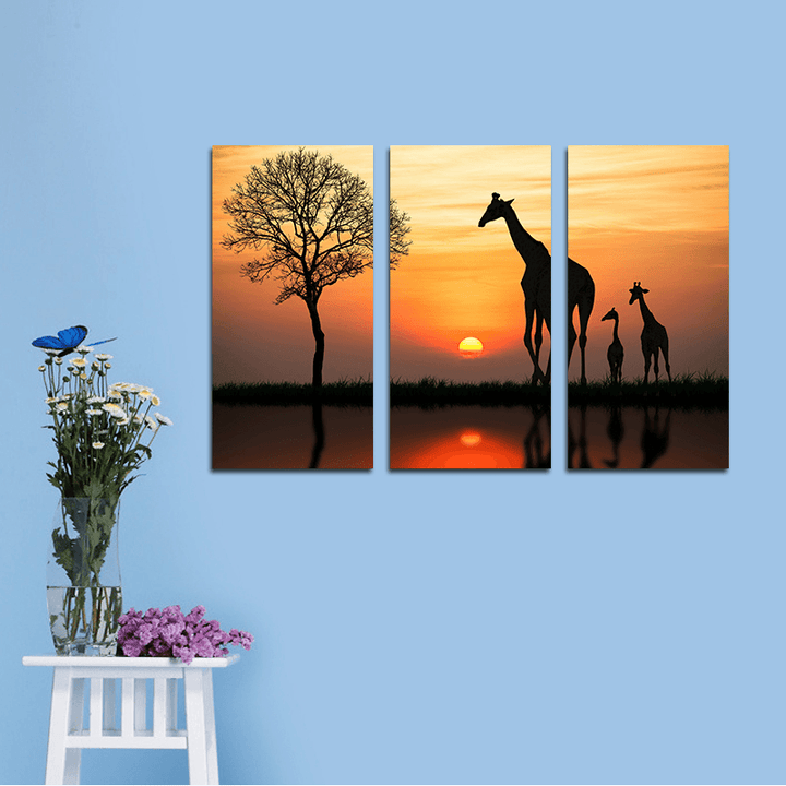 Miico Hand Painted Three Combination Decorative Paintings Giraffe in the Sunset Wall Art for Home Decoration - MRSLM