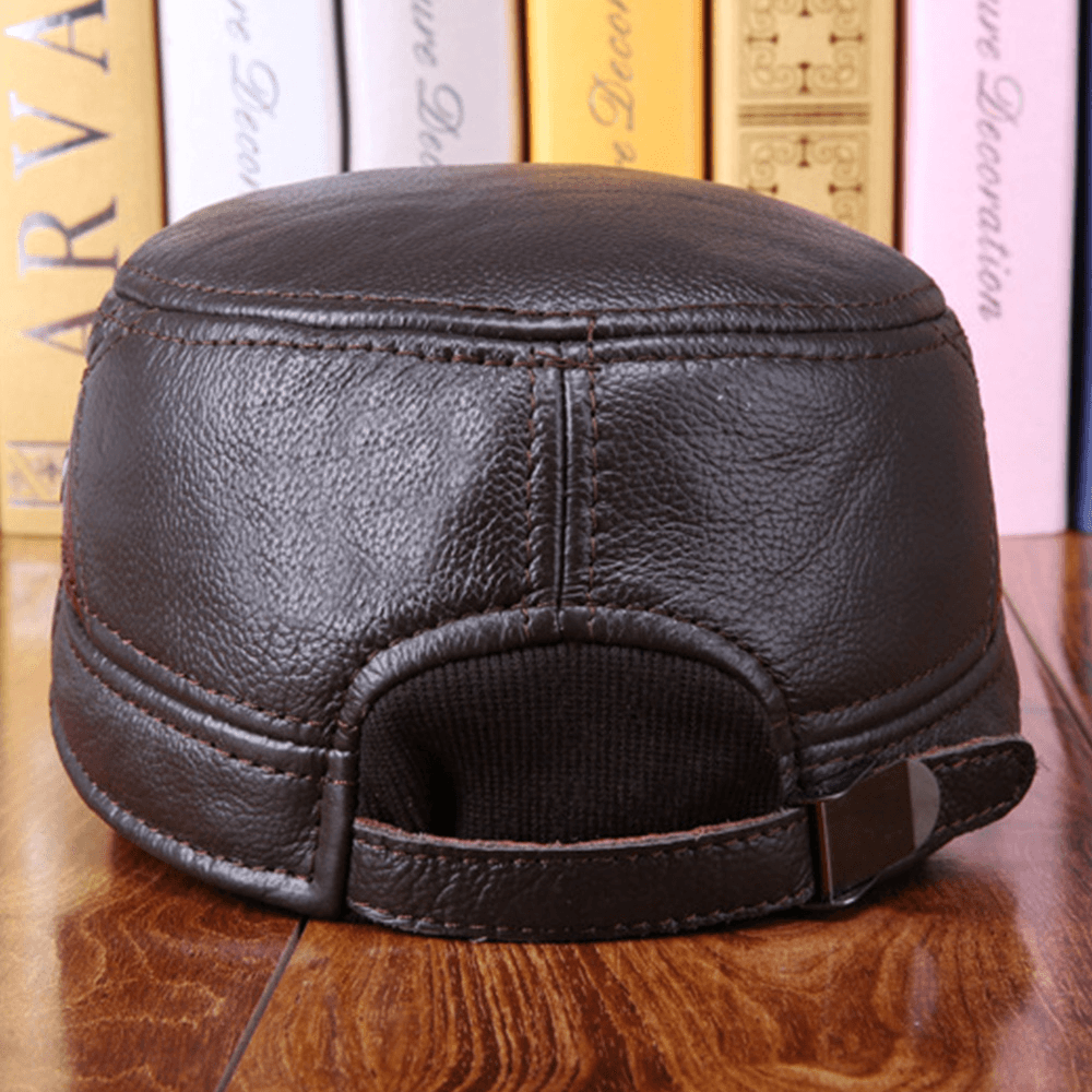 Men Genuine Leather Ear Protection Earmuffs Flat Top Hat Autumn Winter Windproof Warm Military Caps - MRSLM