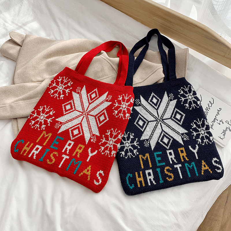 Women Wool Christmas Tree Snowflake Letter Pattern Casual Festive Handbag Tote Shoulder Bag - MRSLM