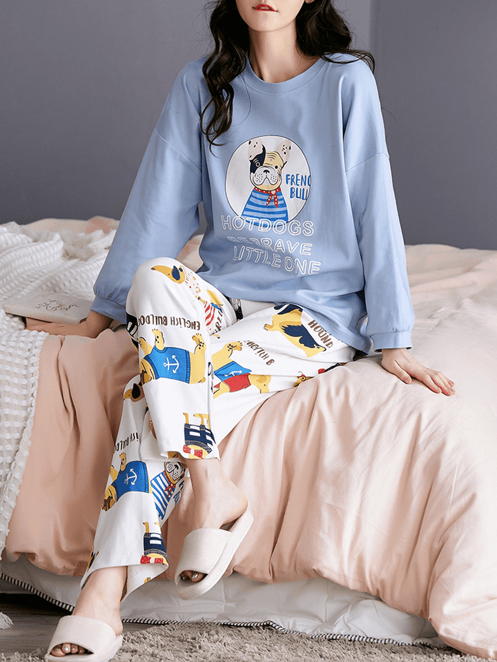 Women Cartoon Animal & Letter Print Pullover Elastic Waist Loose Pants Home Pajama Set - MRSLM