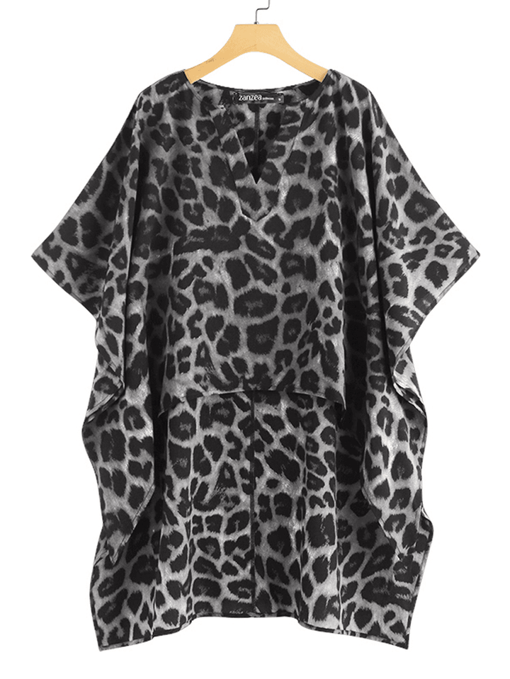 Women Leopard Print Irregular Hem V-Neck Casual Blouse - MRSLM