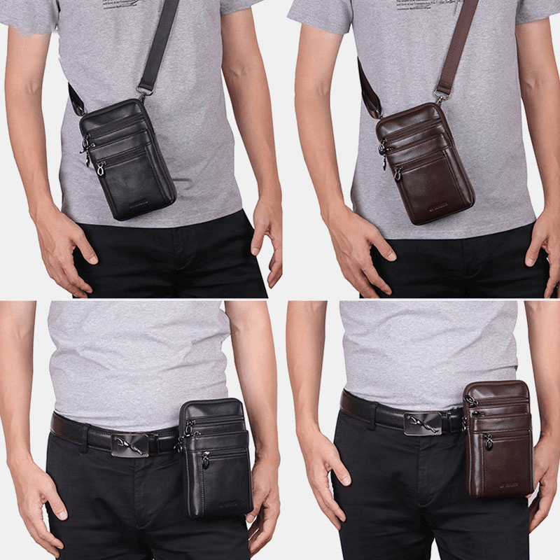 Men Genuine Leather 7 Inch Phone Bag Waist Bag Belt Bag Shoulder Bag Crossbody Bag - MRSLM