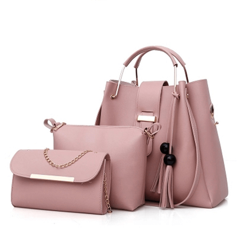 Women Faux Leather Three-Piece Set Tassel Handbag Crossbody Bag Clutch Bag - MRSLM