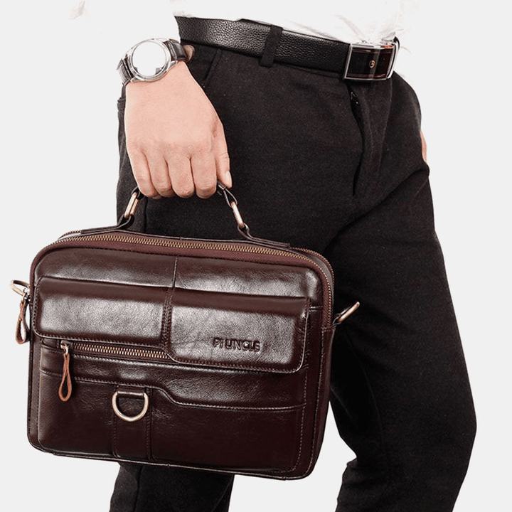 Men Genuine Leather Multi-Pocket Crossbody Bags Large Capacity Retro 6.5 Inch Phone Bag Briefcase Shoulder Bag Handbag - MRSLM