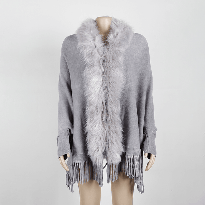 Autumn and Winter Fringed Cloak Shawl Fur Collar Solid Color Cardigan - MRSLM