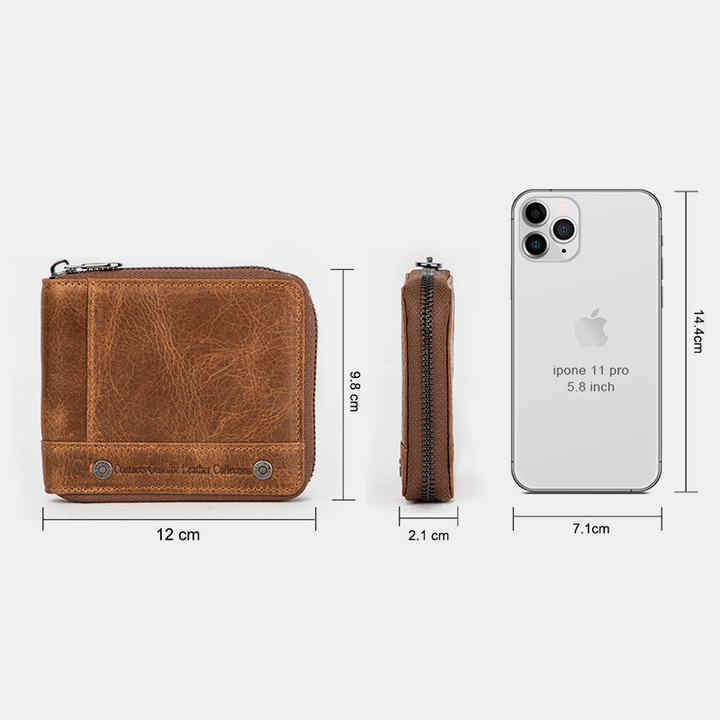 Men Genuine Leather RFID Anti-Theft Rivets Decorated Zipper Retro Business Multi Card Slot Leather Card Holder Wallet - MRSLM