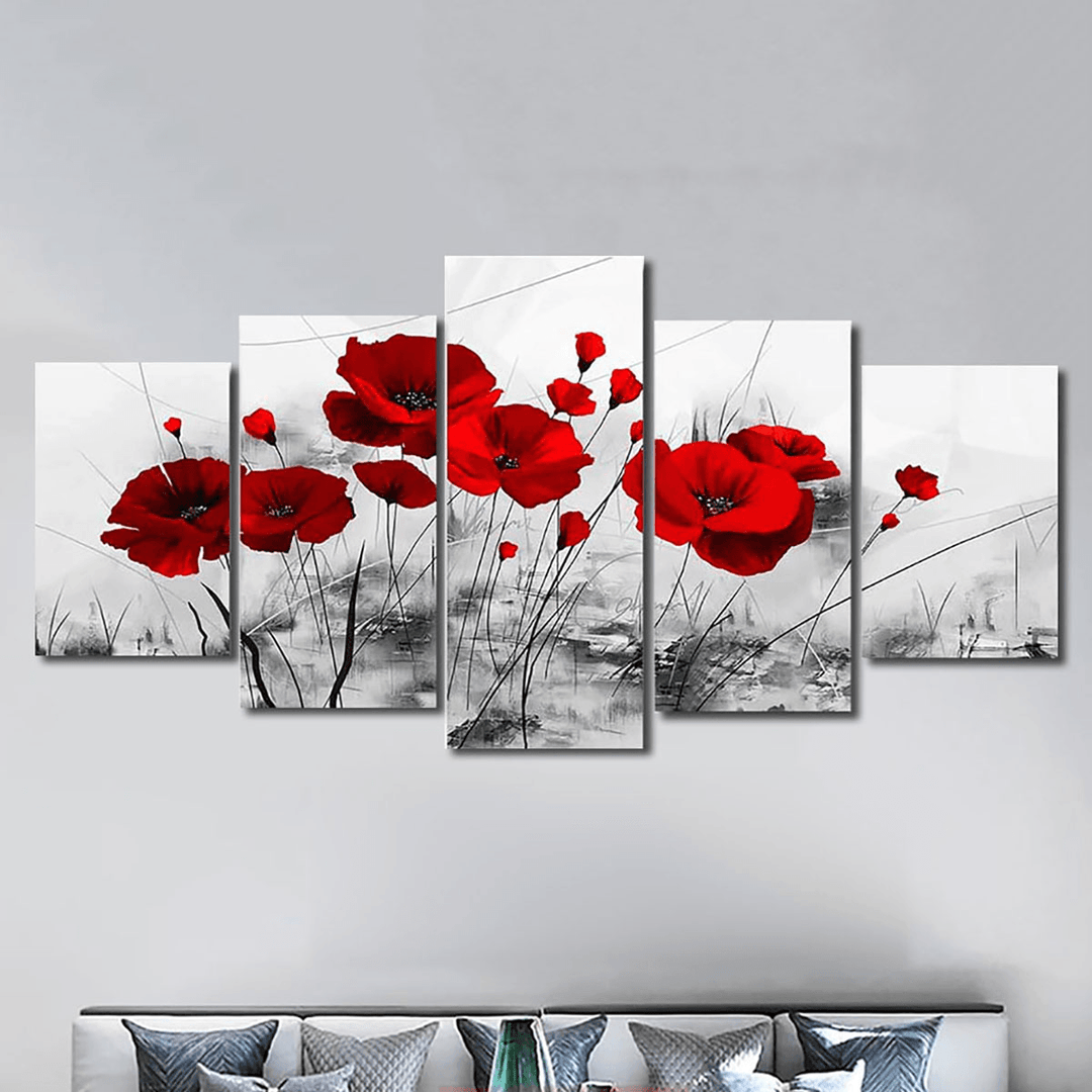 5Pcs Modern Wall Canvas Painting Red Blue Purple Ink Poppy Flower Home Decoration - MRSLM