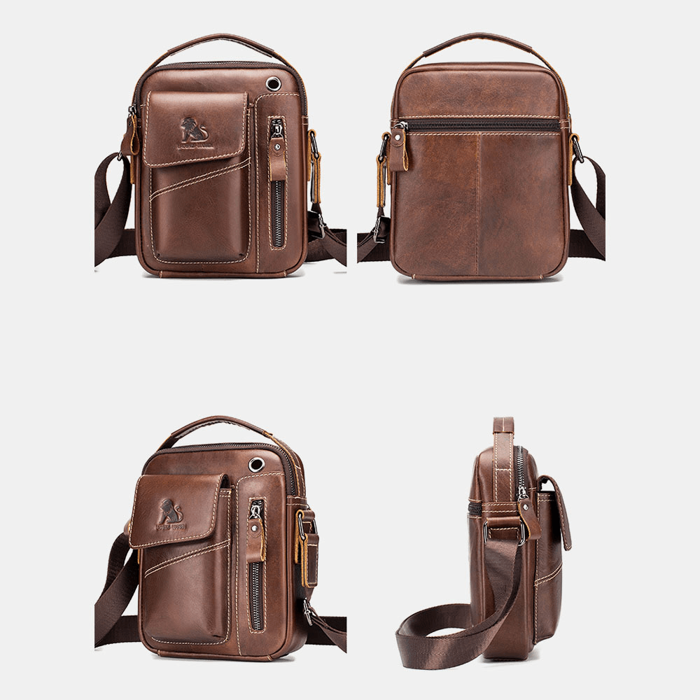 Men Genuine Leather Wear-Resistant Headphone Hole Multi-Pocket Vintage Crossbody Bag Shoulder Bag - MRSLM