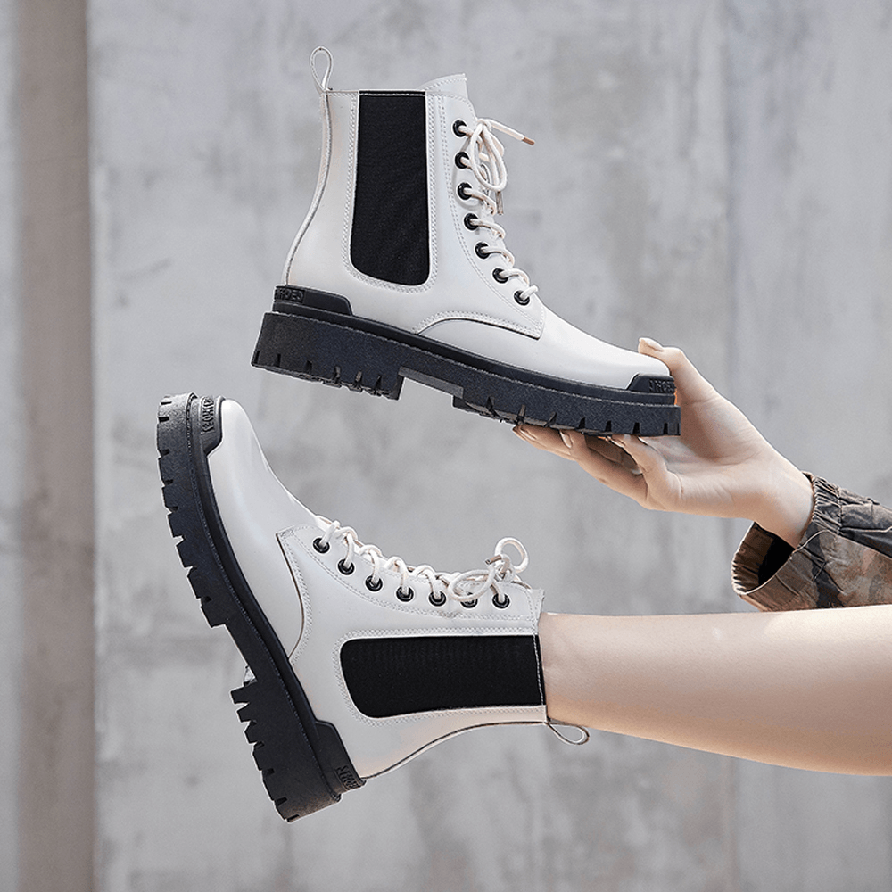 Women Casual Warm Slip Resistant Platform Lace up Combat Boots - MRSLM